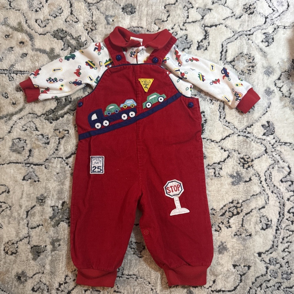 Vintage 1990s /Y2K 3-6 Month Tow Truck And Cars Jumper and Shirt Corduroy